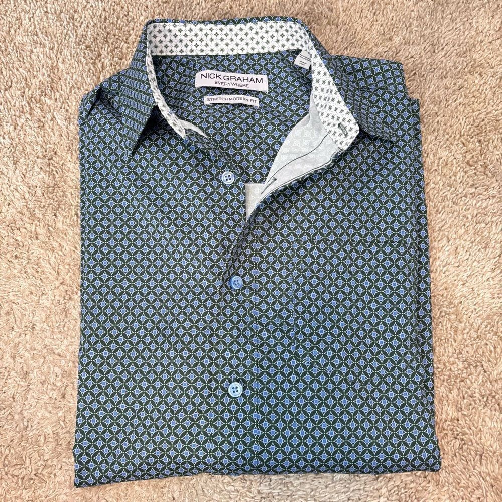 NWOT NICK GRAHAM Green and Blue Printed Dress Shirt S